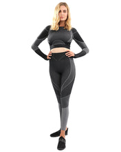 Load image into Gallery viewer, ESCOLTA SEAMLESS LEGGING &amp; SPORTS TOP SET - BLACK &amp; CHARCOAL GREY